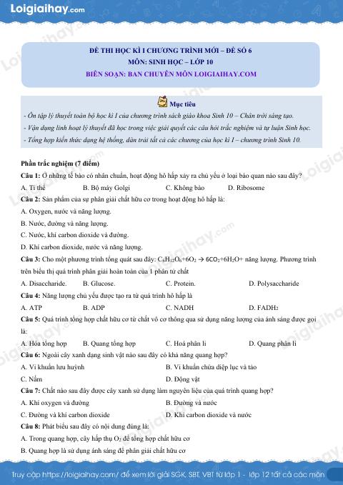 Đề thi học kì 1 Sinh 10 Chân trời sáng tạo - Đề số 6